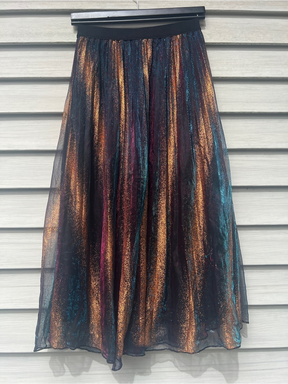 WD.NY Metallic Striped A-Line Midi Skirt - Black with Bronze & Teal